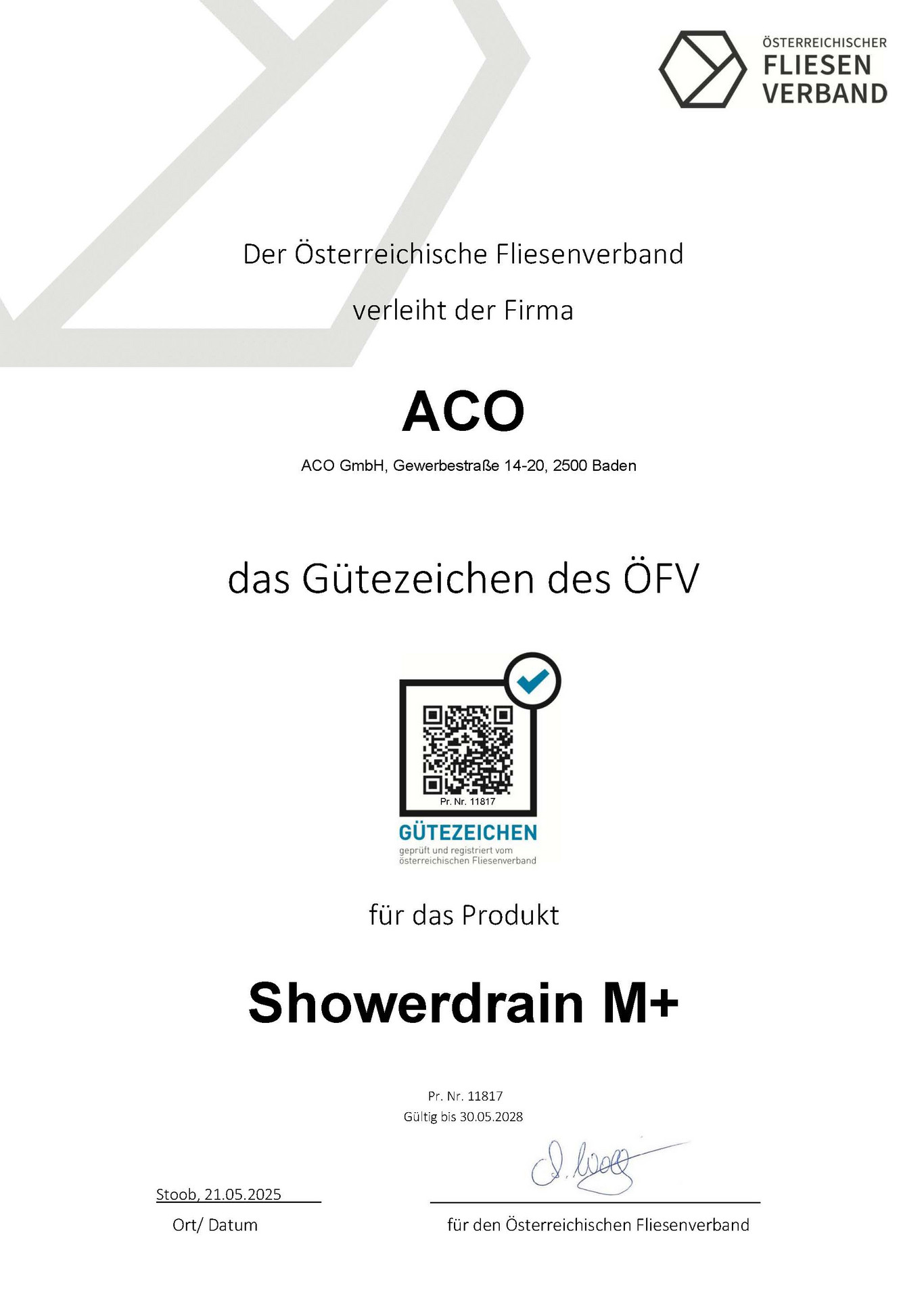 Zertifikate Fliesenverband ACO Duschrinne ShowerDrain M+