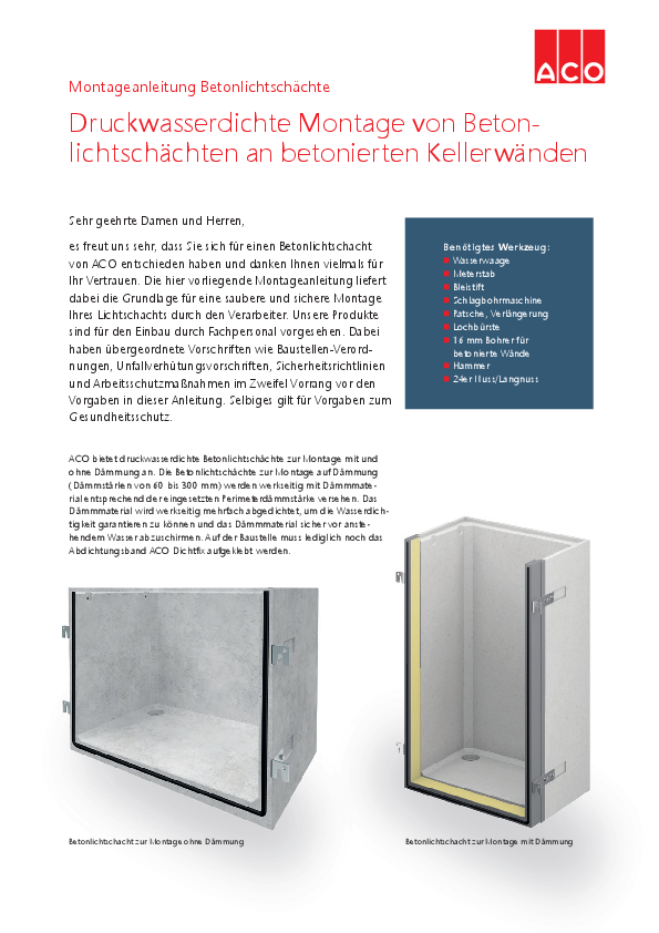 ACO Einbauanleitung Betonlichtschacht Druckwasserdicht