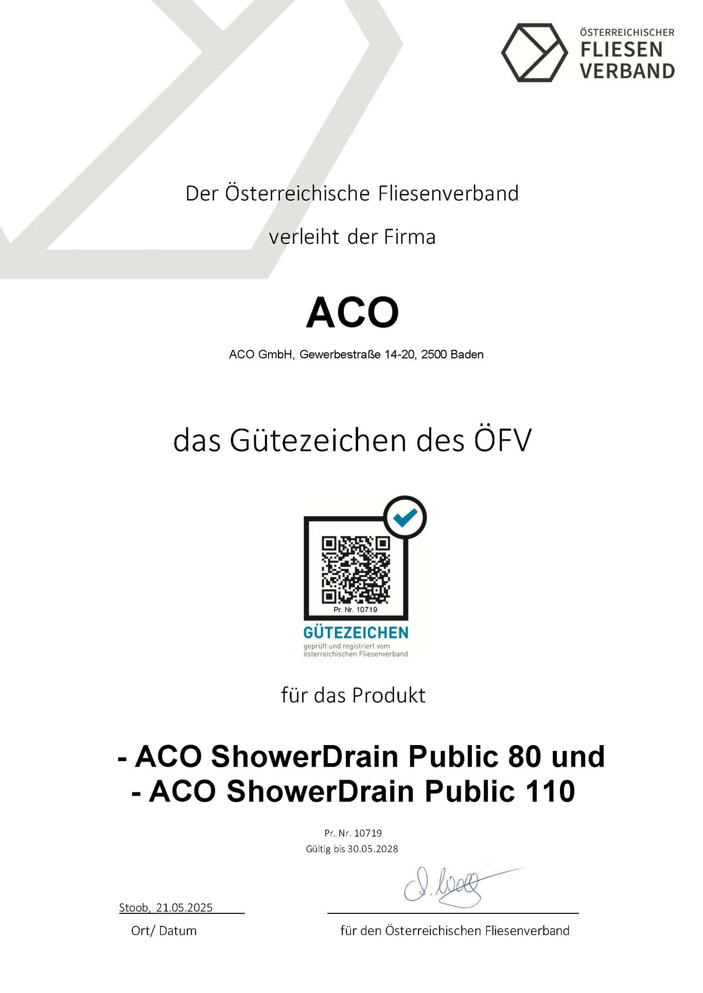 Zertifikate Fliesenverband ACO Reihenduschrinne Public 80