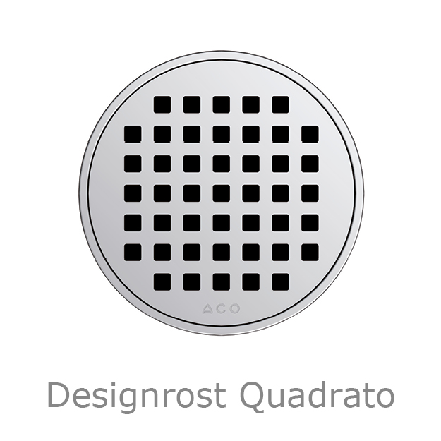 Abbildung runder Edelstahl-Designrost Quadrato für den ACO Badablauf Easyflow