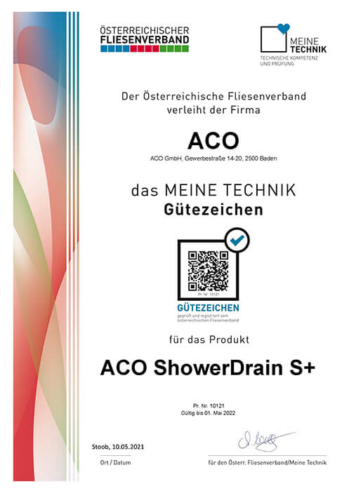 ACO ShowerDrain S+ Fliesenverband Zertifikat