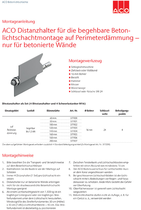 ACO Einbauanleitung Betonlichtschacht Distanzhalterung