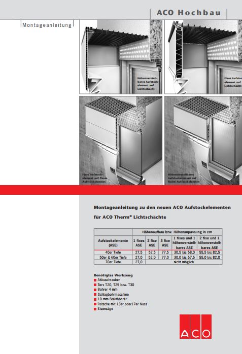 ACO Einbauanleitung Aufstockelemente für ACO Therm Lichtschächte Bild