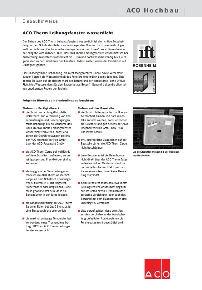 Einbauhinweise ACO Therm Leibungsfenster wasserdicht