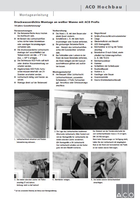 Montageanleitung druckwasserdichte Montage an weißer Wanne mit ACO Profix